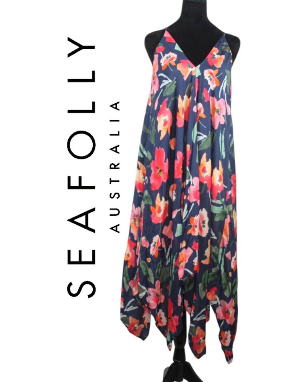 Seafolly Navy Floral V-Neck Halter Scarf Dress-up Size Medium